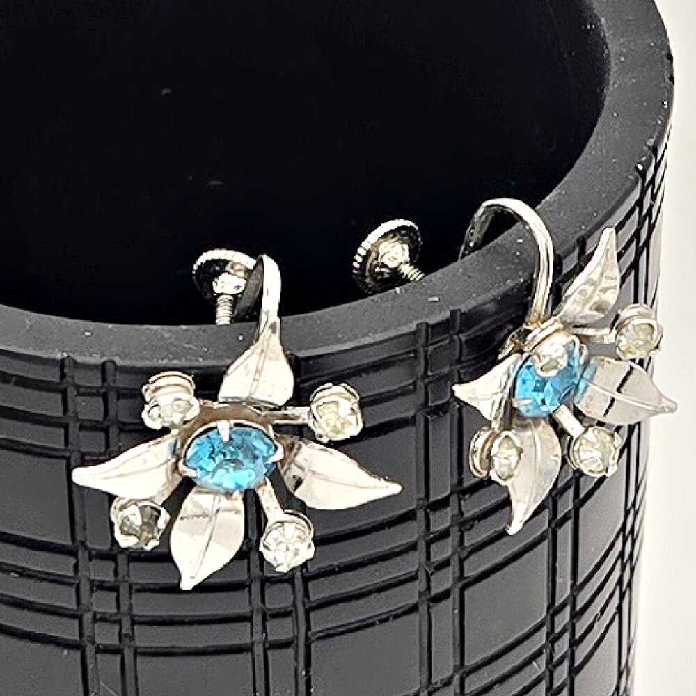 Vintage Bugbee & Niles Rhinestone Flower Earrings, Blue Stone, Signed